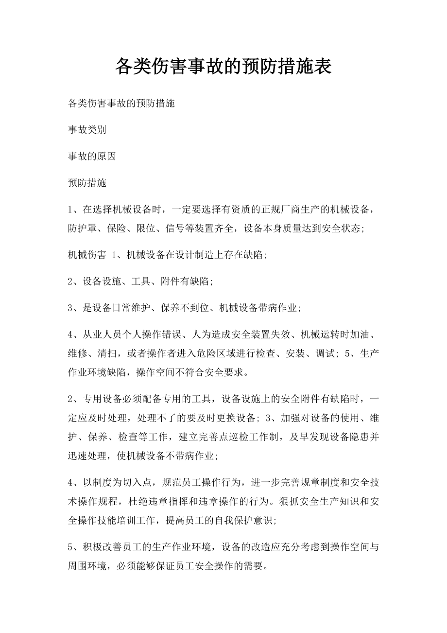 各类伤害事故的预防措施表.docx_第1页