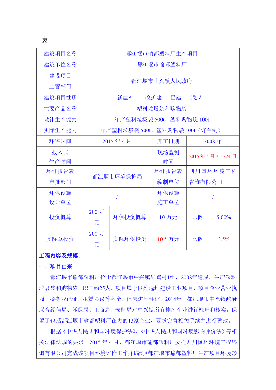 环境影响评价报告公示：都江堰市瑜都塑料厂生环评报告.doc_第1页