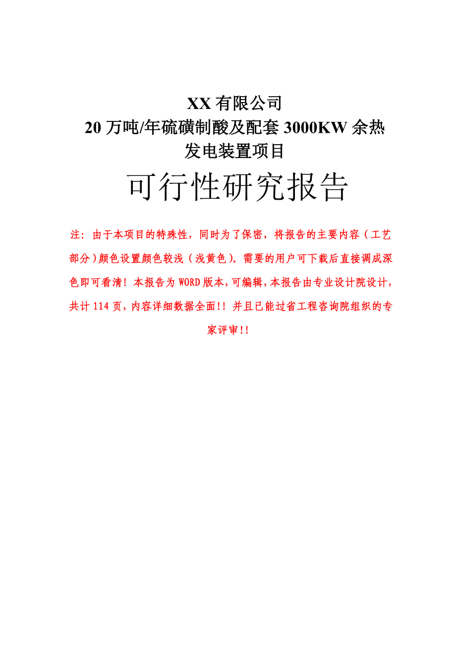 极品推荐114页甲级－－某公司20万吨硫磺制酸及配套3000KW余热发电装置工程可行性研究报告.doc_第1页