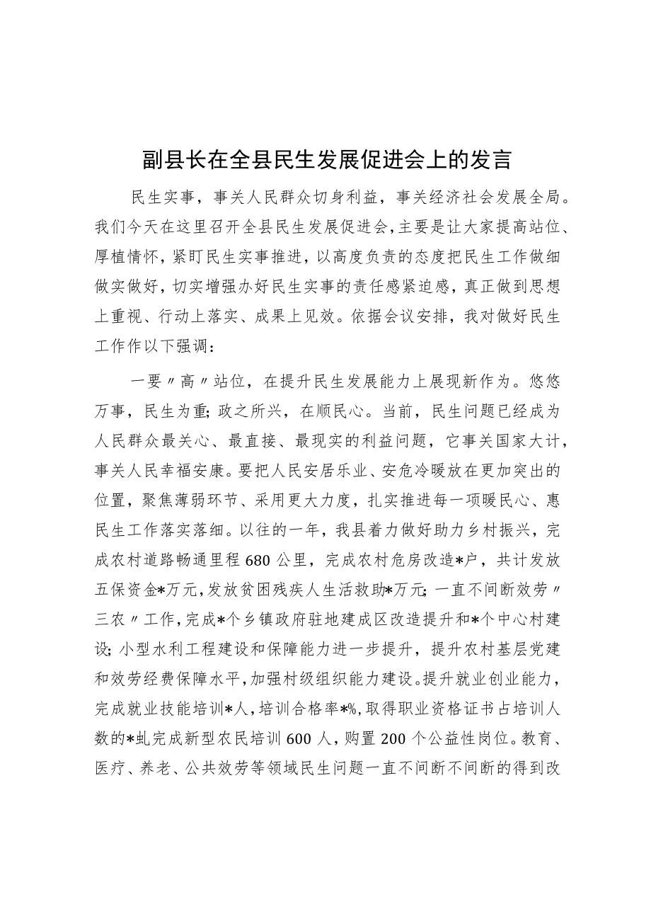 副县长在全县民生发展促进会上的发言.docx_第1页