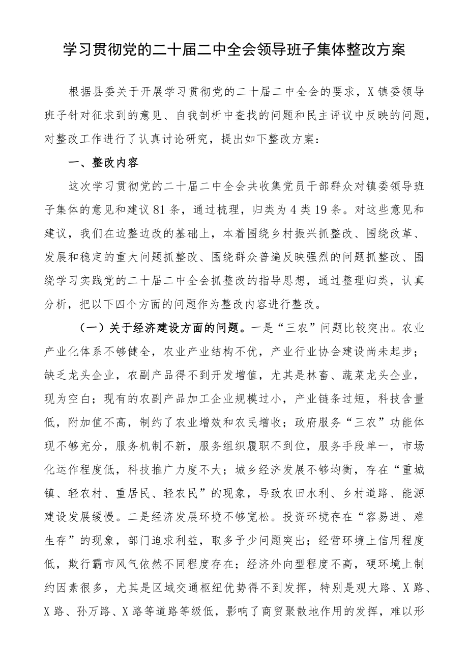 学习贯彻党的二十届二中全会领导班子集体整改方案.docx_第1页