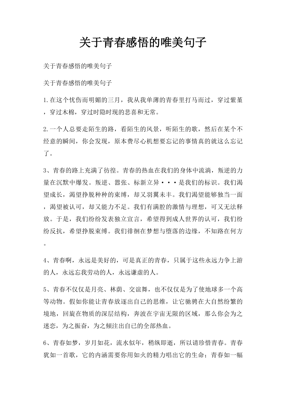 关于青春感悟的唯美句子.docx_第1页