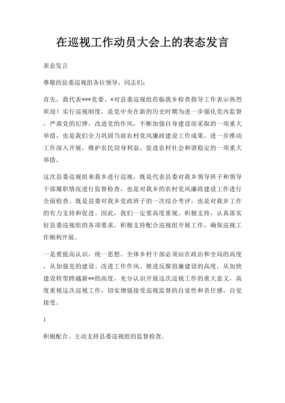 在巡视工作动员大会上的表态发言.docx_第1页