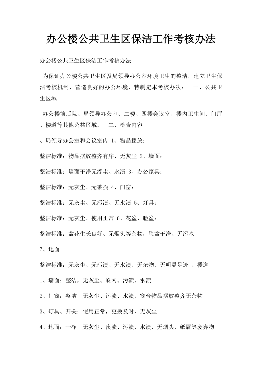 办公楼公共卫生区保洁工作考核办法.docx_第1页