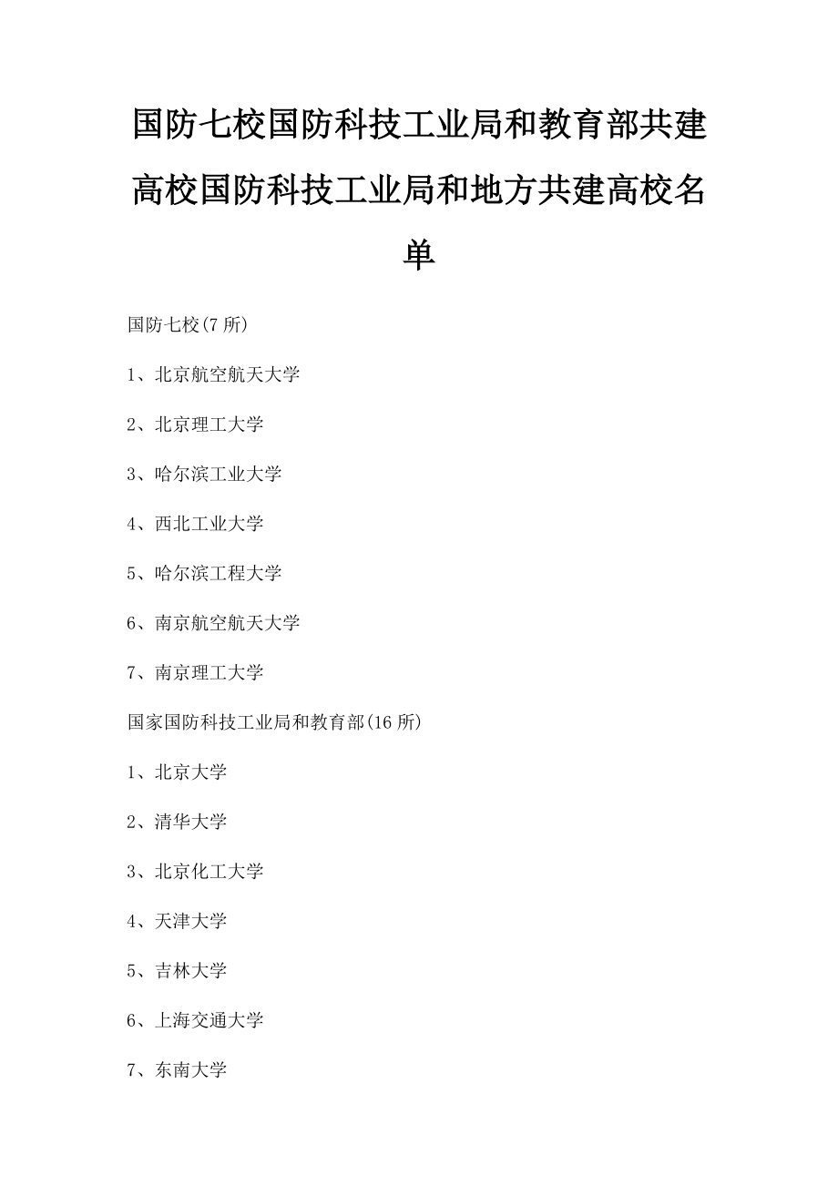 国防七校国防科技工业局和教育部共建高校国防科技工业局和地方共建高校名单.docx_第1页