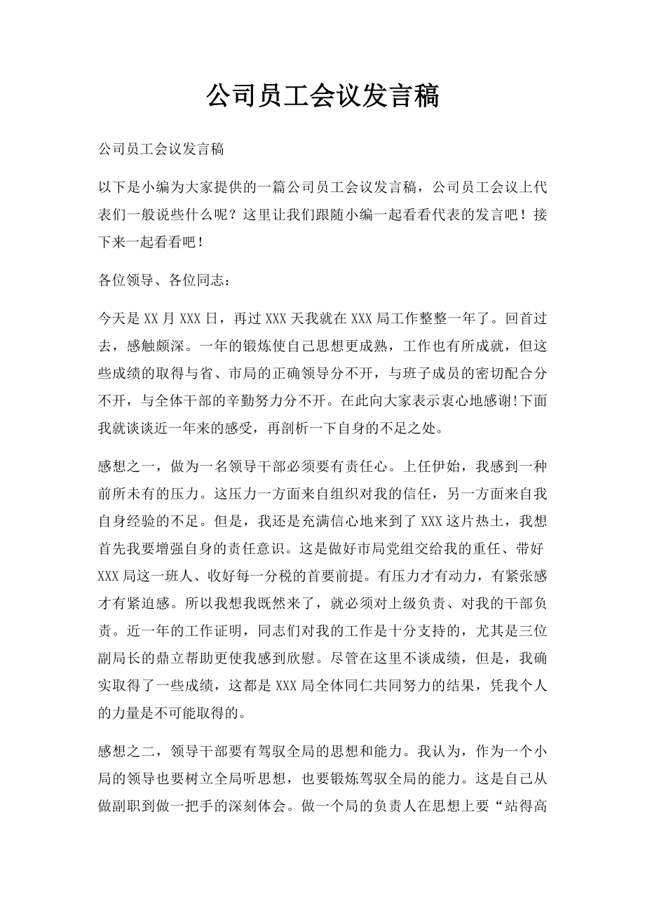 公司员工会议发言稿.docx_第1页