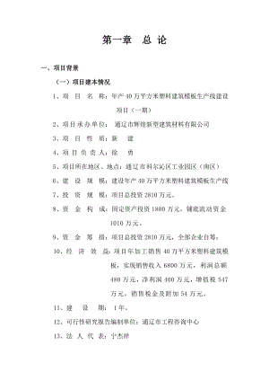 40万平方米塑料建筑模板生产线建设项目可行性研究报告.doc