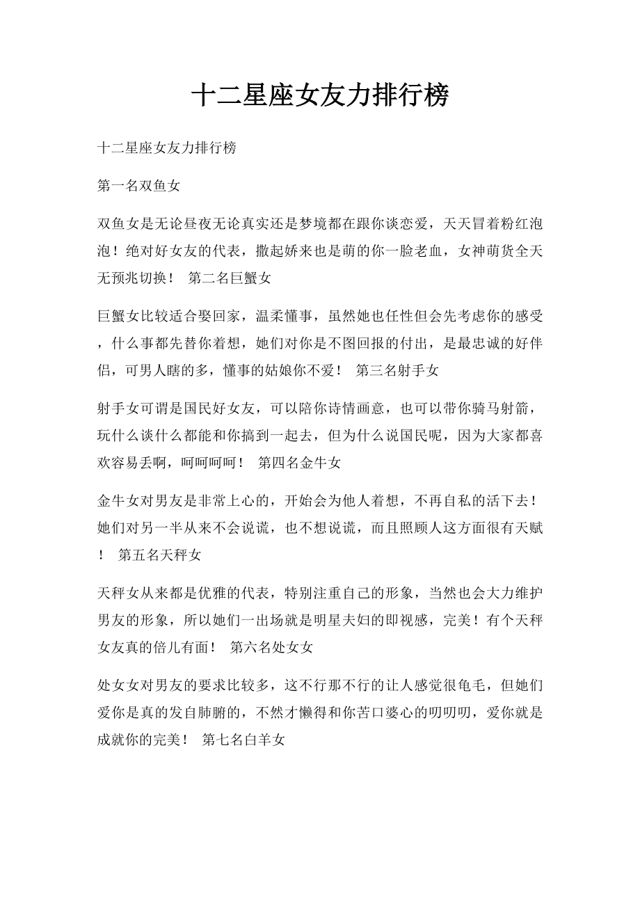 十二星座女友力排行榜.docx_第1页