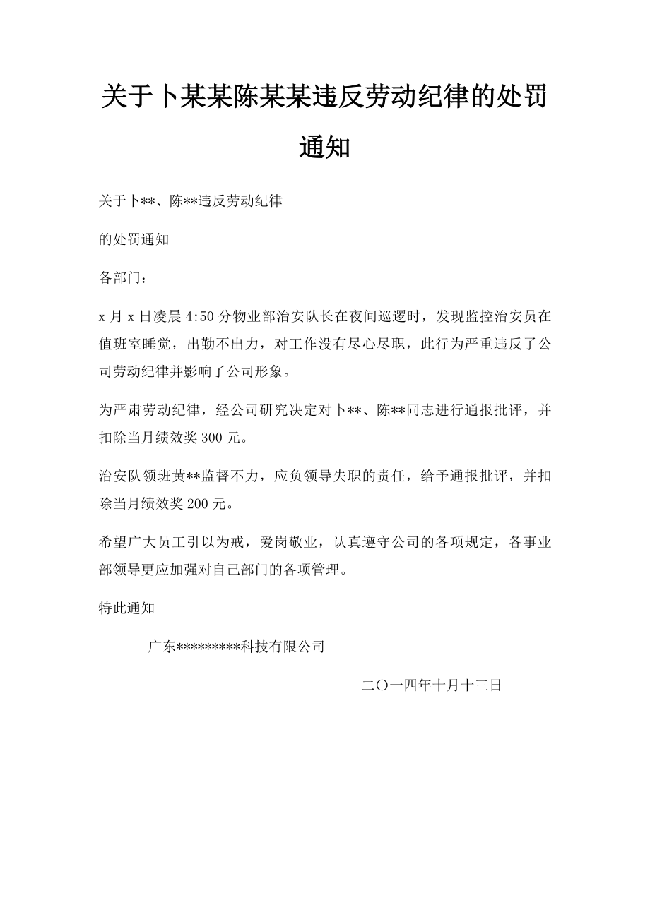 关于卜某某陈某某违反劳动纪律的处罚通知.docx_第1页