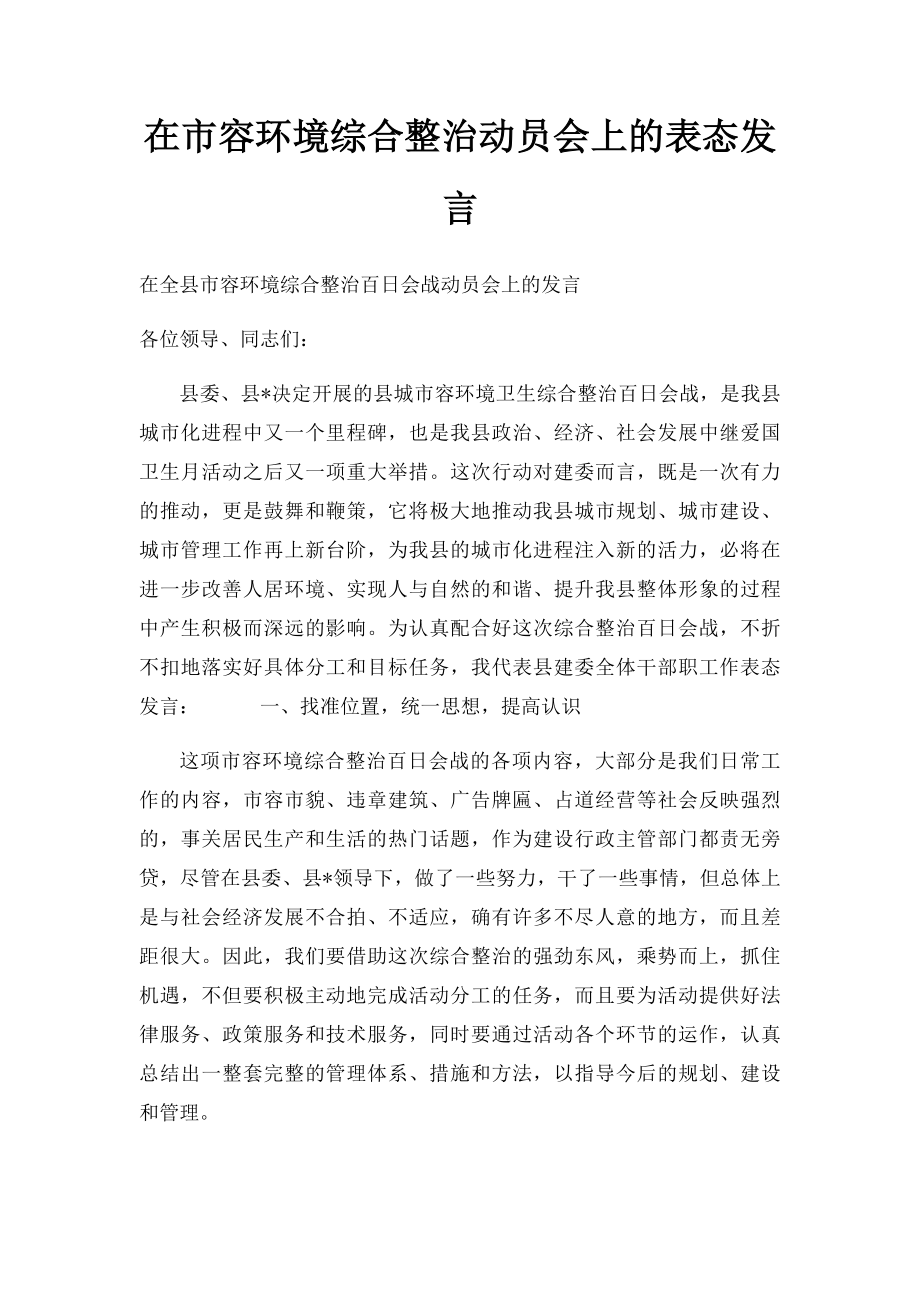 在市容环境综合整治动员会上的表态发言.docx_第1页