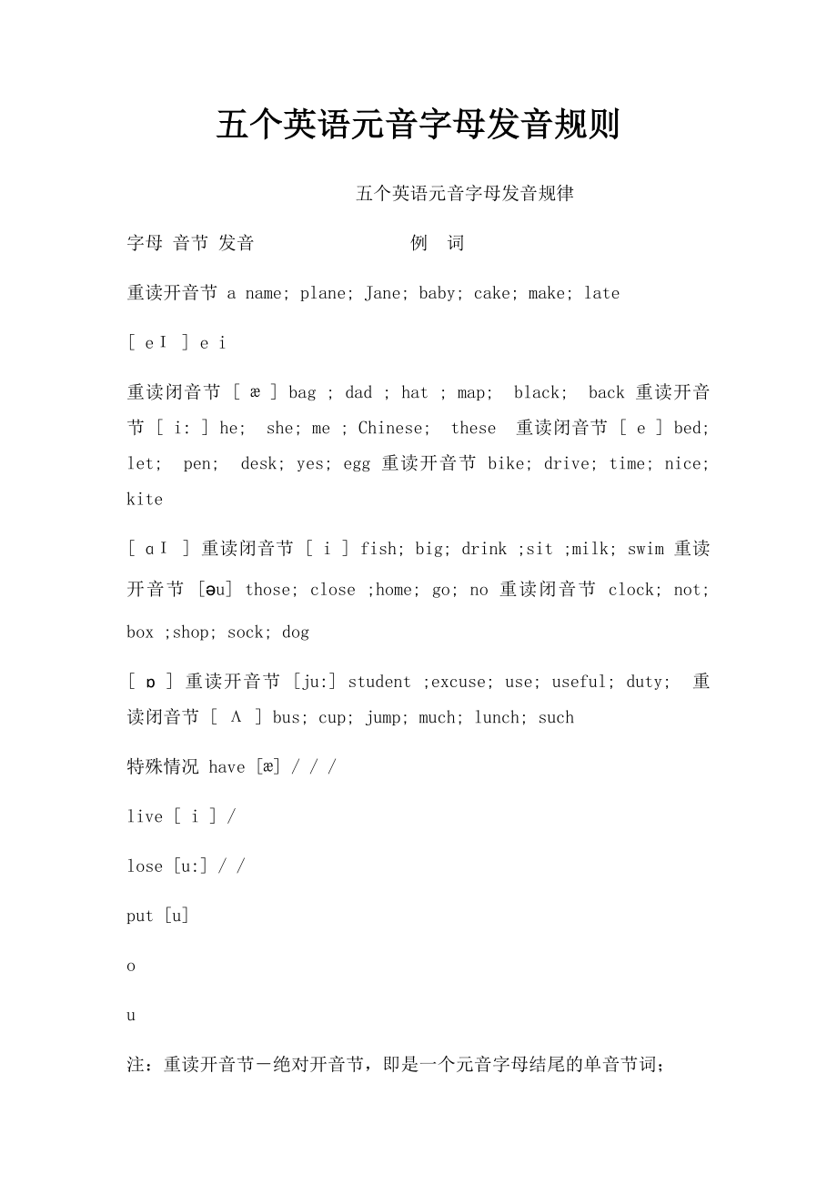 五个英语元音字母发音规则.docx_第1页