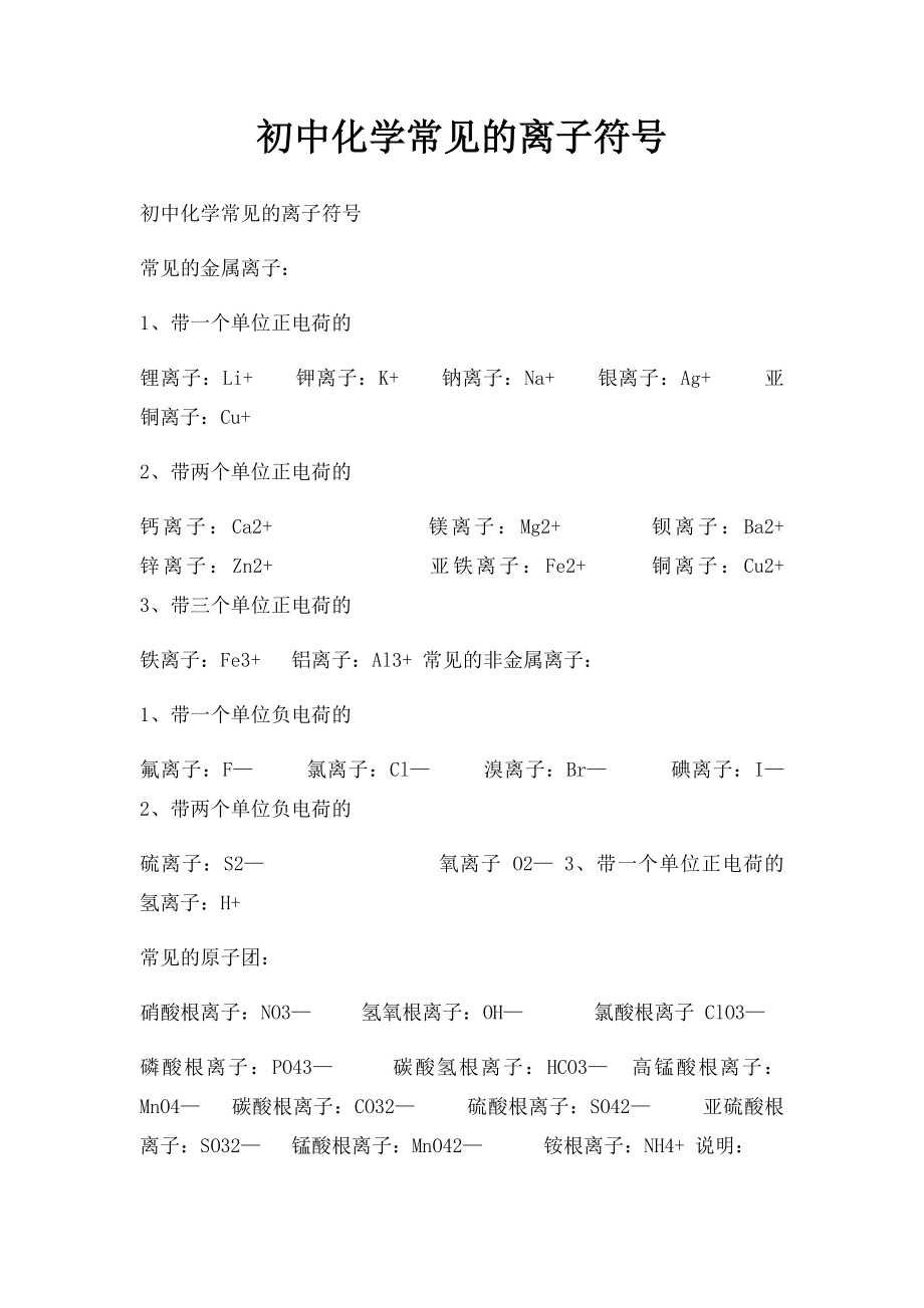 初中化学常见的离子符号(1).docx_第1页