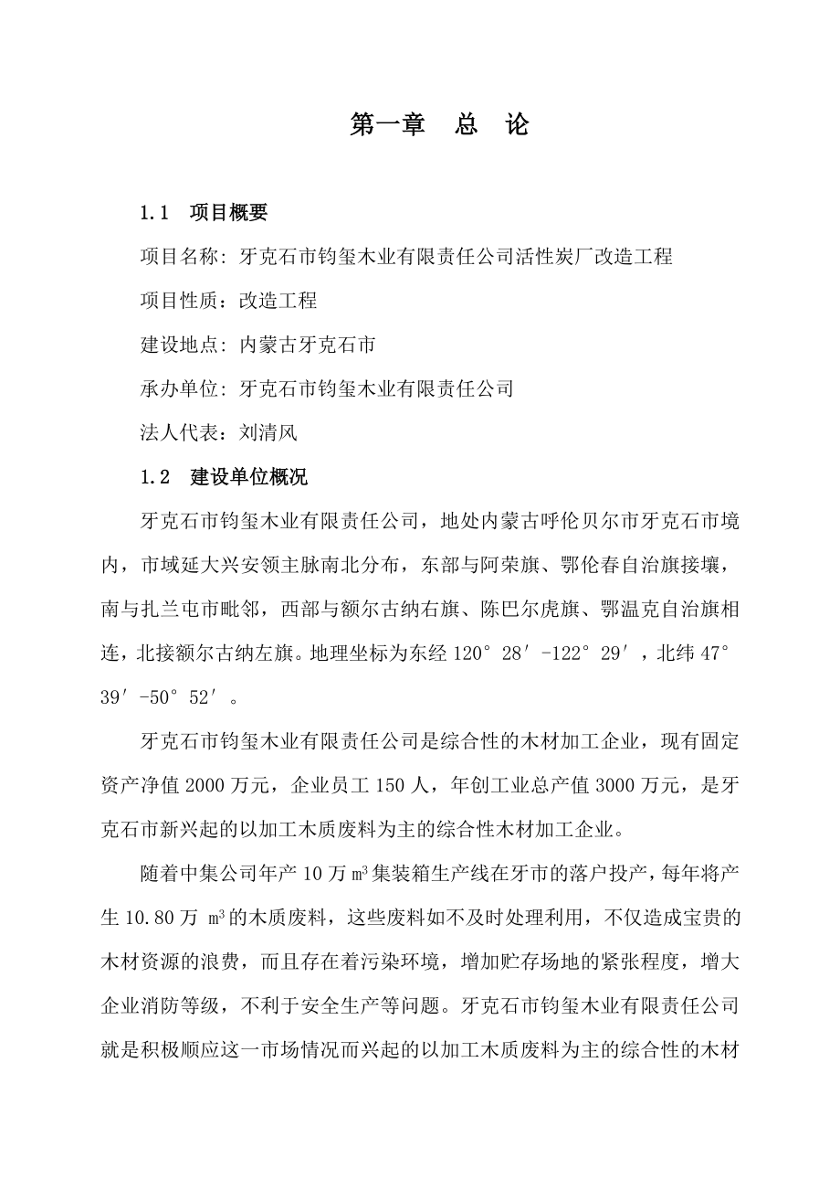 某木业公司活性炭厂改造工程项目可行性研究报告.doc_第1页