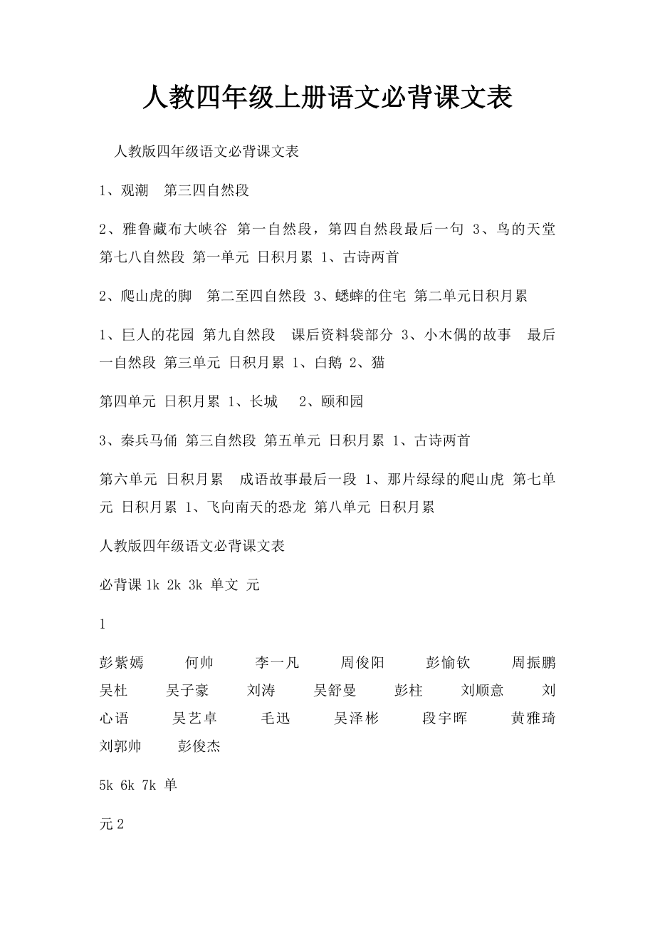 人教四年级上册语文必背课文表.docx_第1页