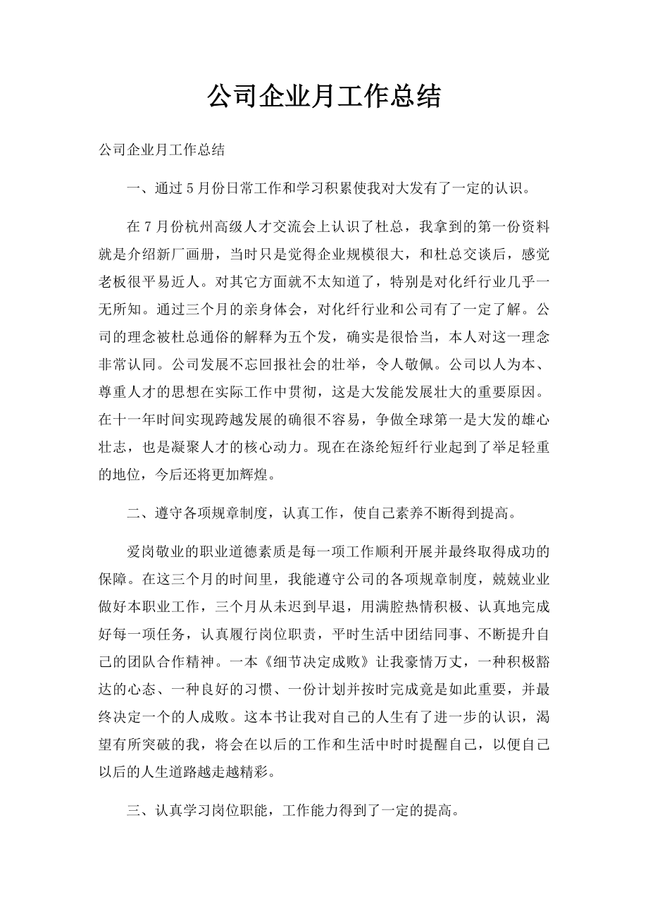 公司企业月工作总结.docx_第1页