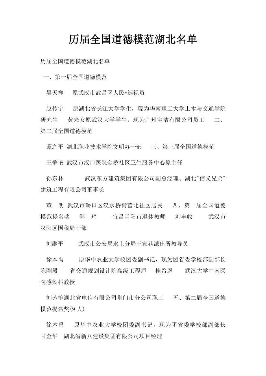 历届全国道德模范湖北名单.docx_第1页