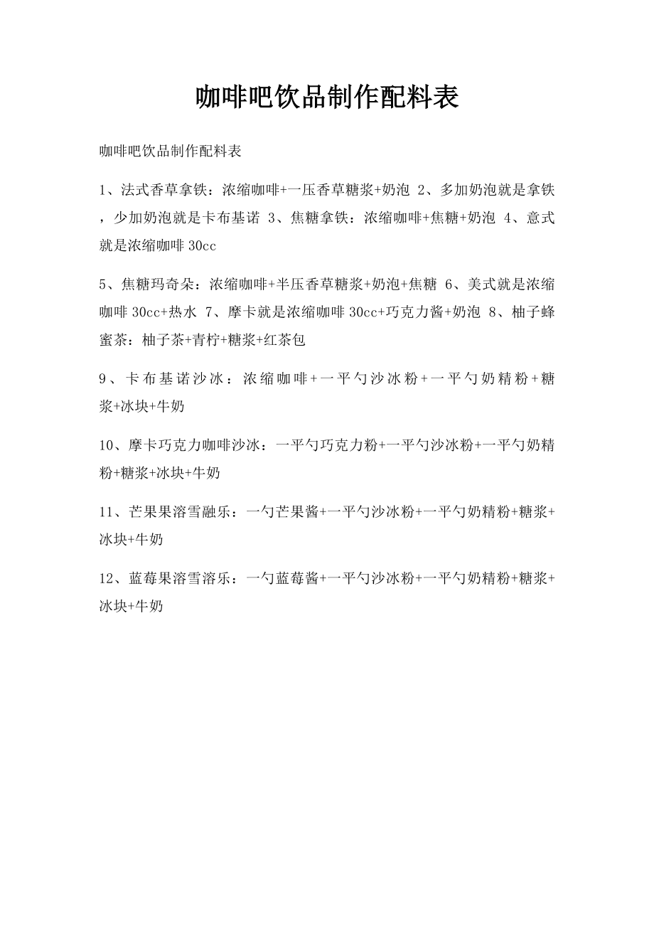 咖啡吧饮品制作配料表.docx_第1页