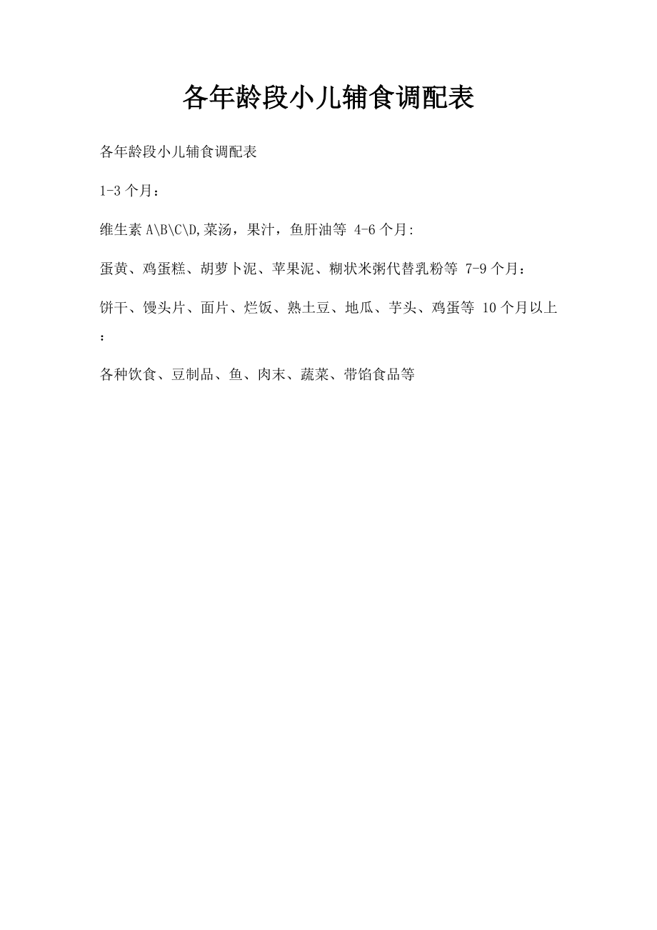 各年龄段小儿辅食调配表.docx_第1页