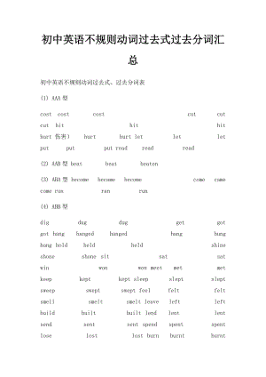 初中英语不规则动词过去式过去分词汇总.docx