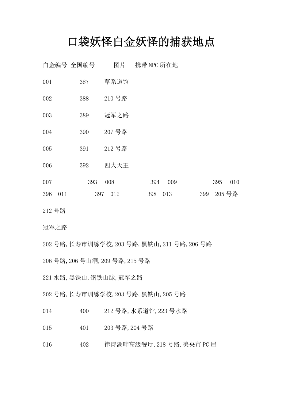 口袋妖怪白金妖怪的捕获地点.docx_第1页