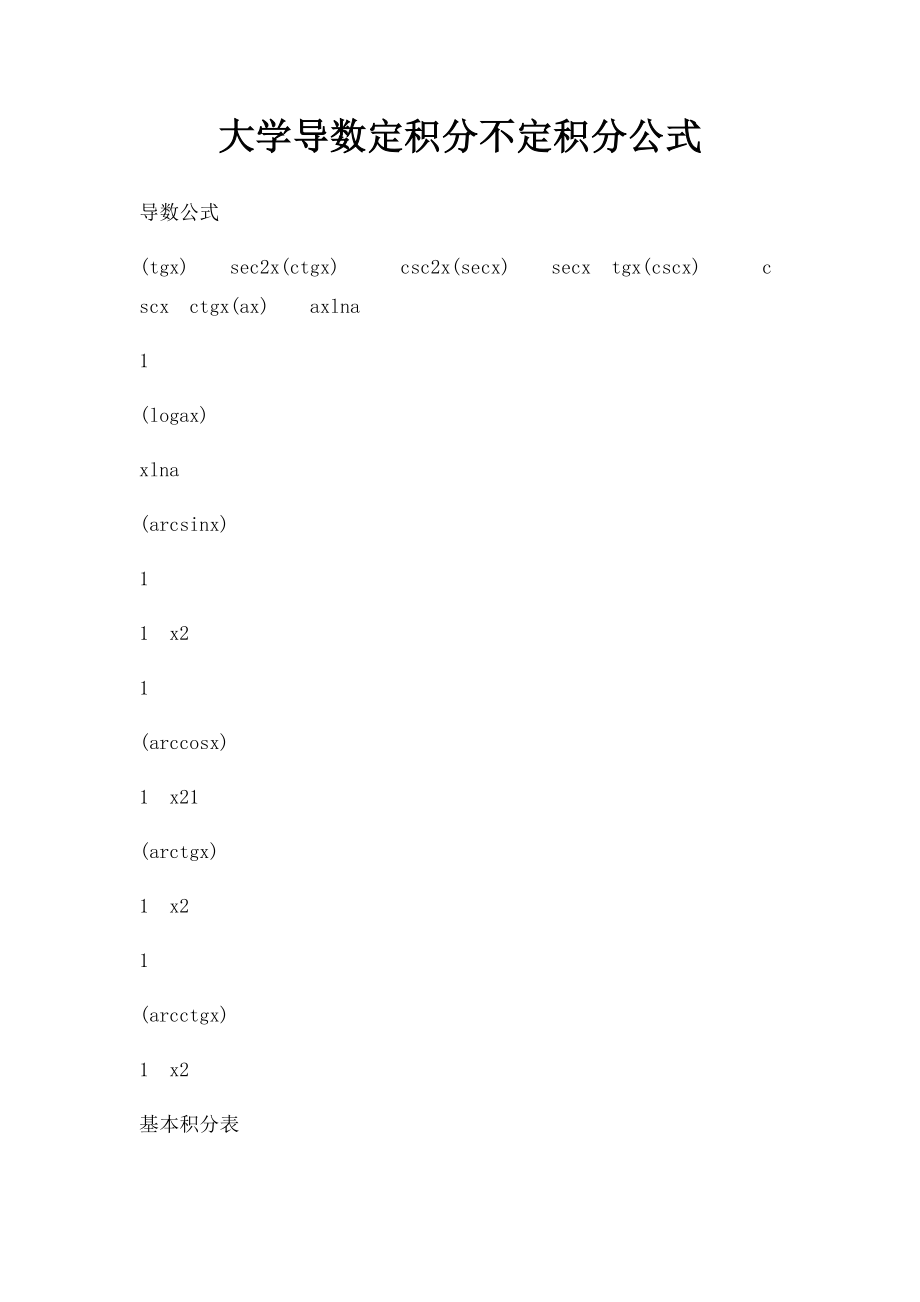 大学导数定积分不定积分公式.docx_第1页