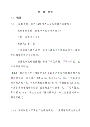 产1000吨表面活性剂搬迁改建项目可行性研究报告（可研报告）.doc