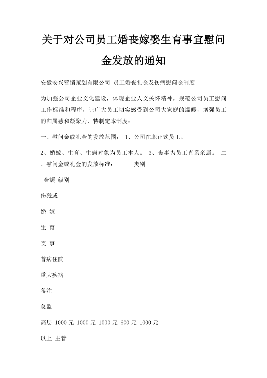 关于对公司员工婚丧嫁娶生育事宜慰问金发放的通知.docx_第1页