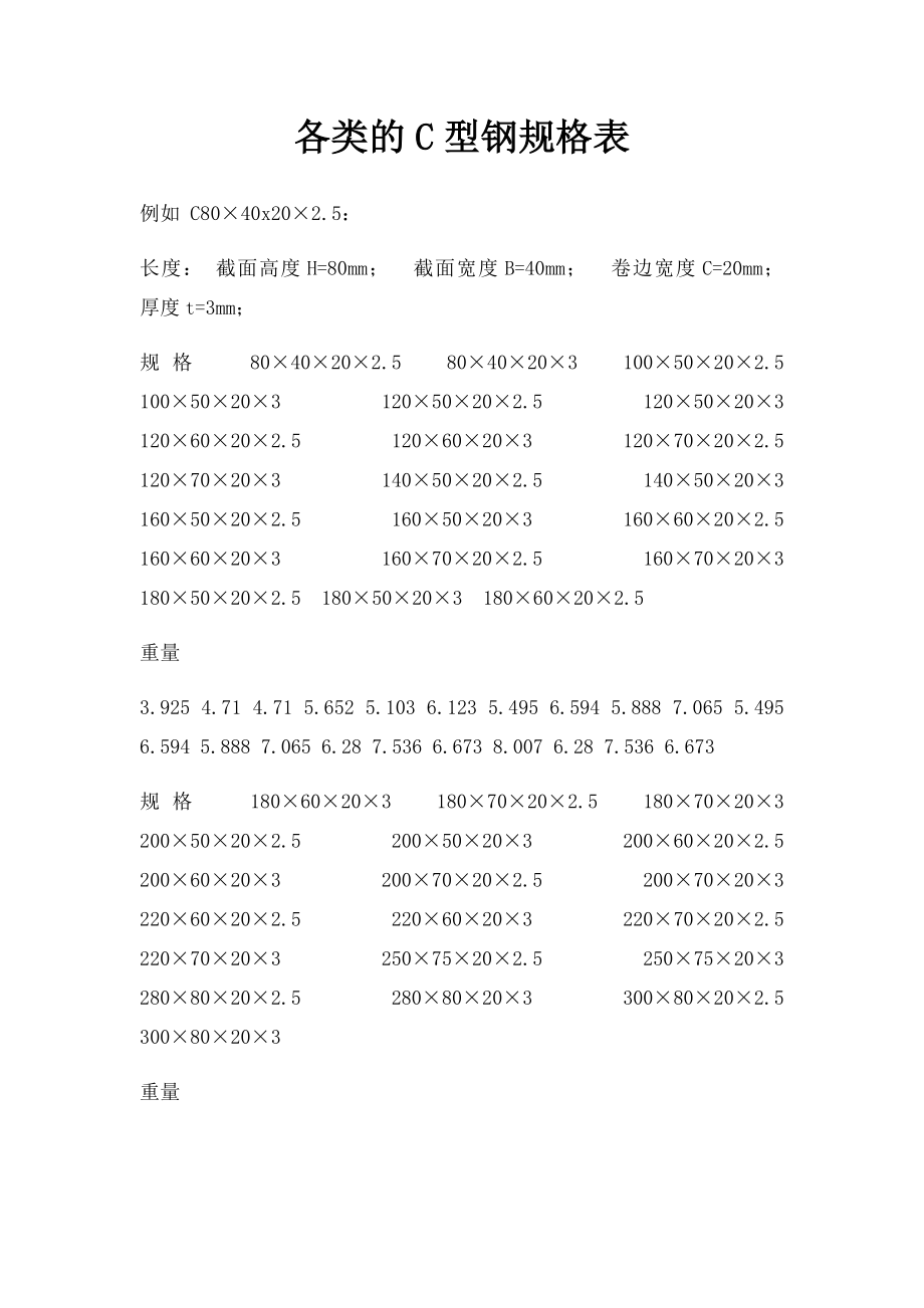 各类的C型钢规格表.docx_第1页