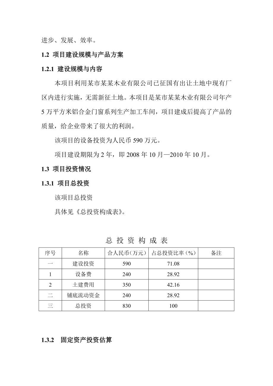 某市某木业有限公司产5万平方米铝合金门窗系列生产加工车间项目可行性研究报告 .doc_第3页