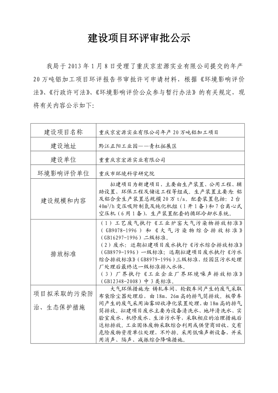 重庆京宏源实业有限公司产20万吨铝加工项目环境影响评价报告书.doc_第1页