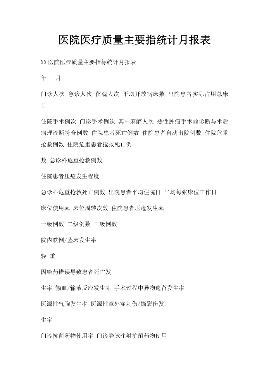 医院医疗质量主要指统计月报表.docx_第1页