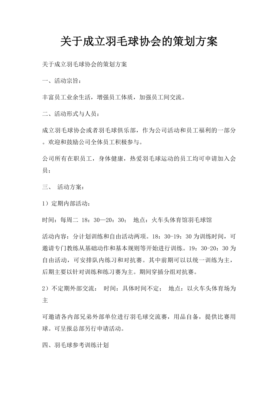 关于成立羽毛球协会的策划方案.docx_第1页