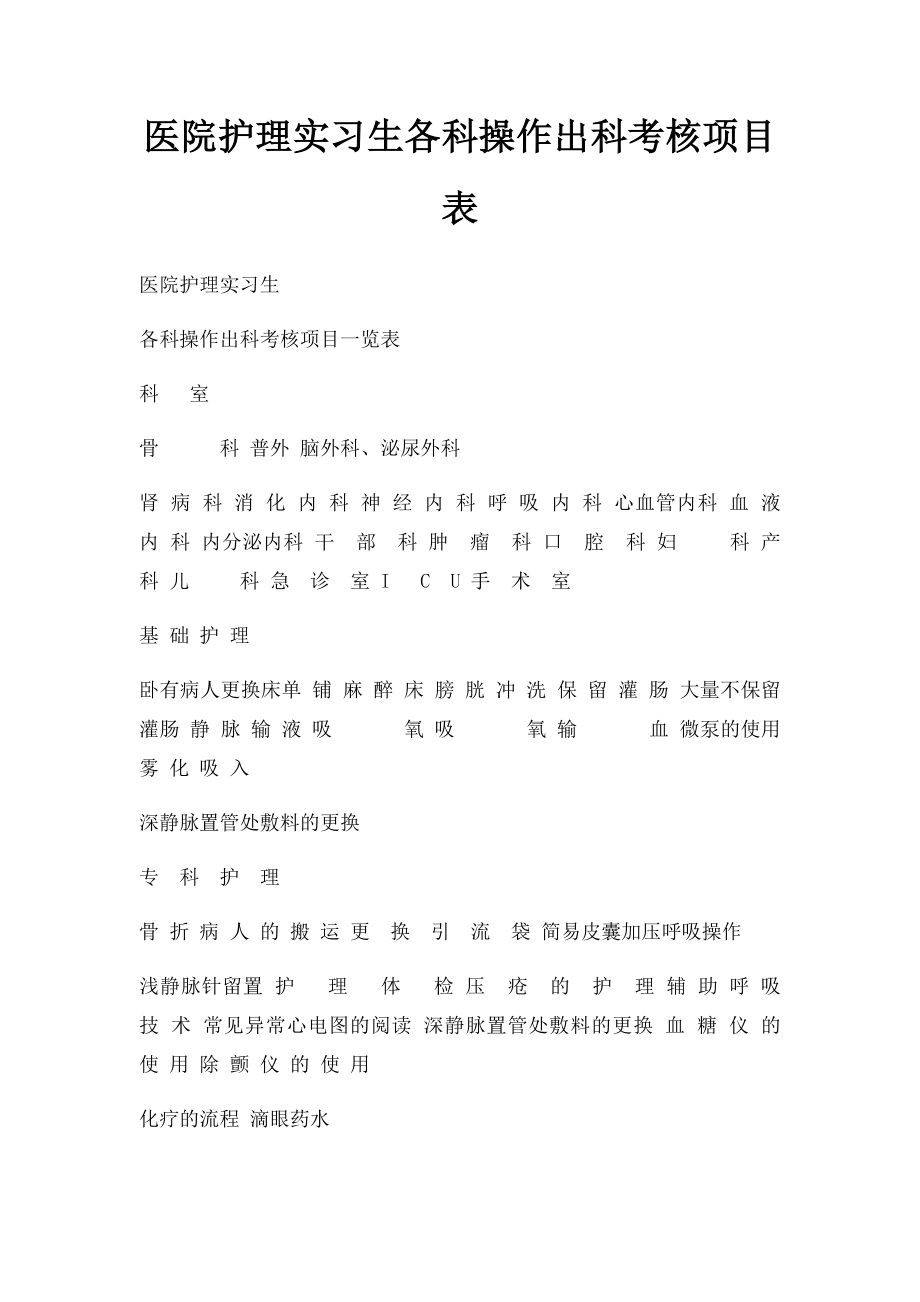 医院护理实习生各科操作出科考核项目表.docx_第1页