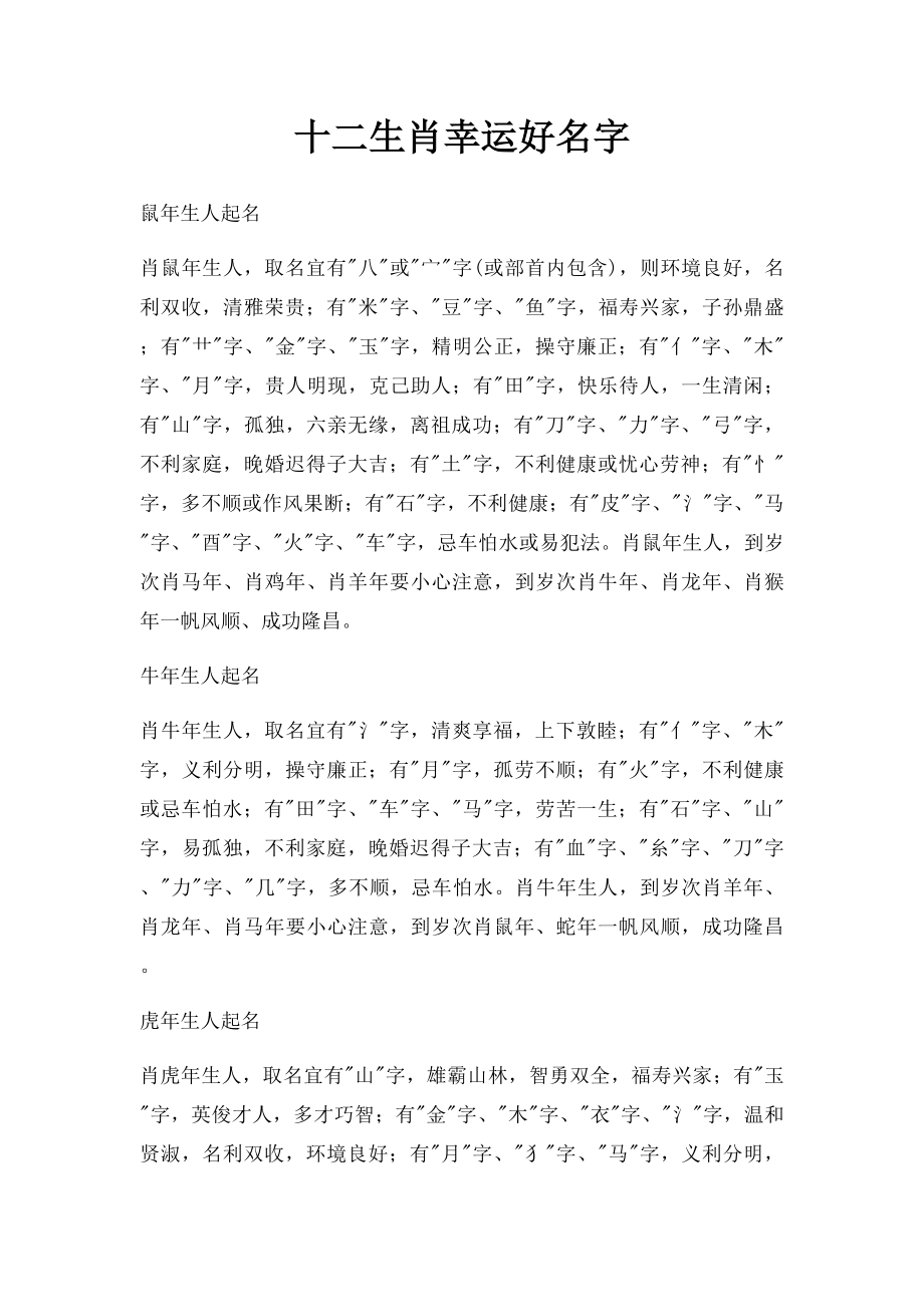 十二生肖幸运好名字(1).docx_第1页