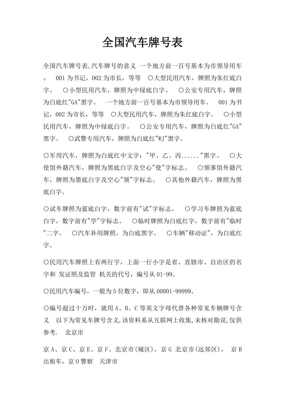 全国汽车牌号表.docx_第1页