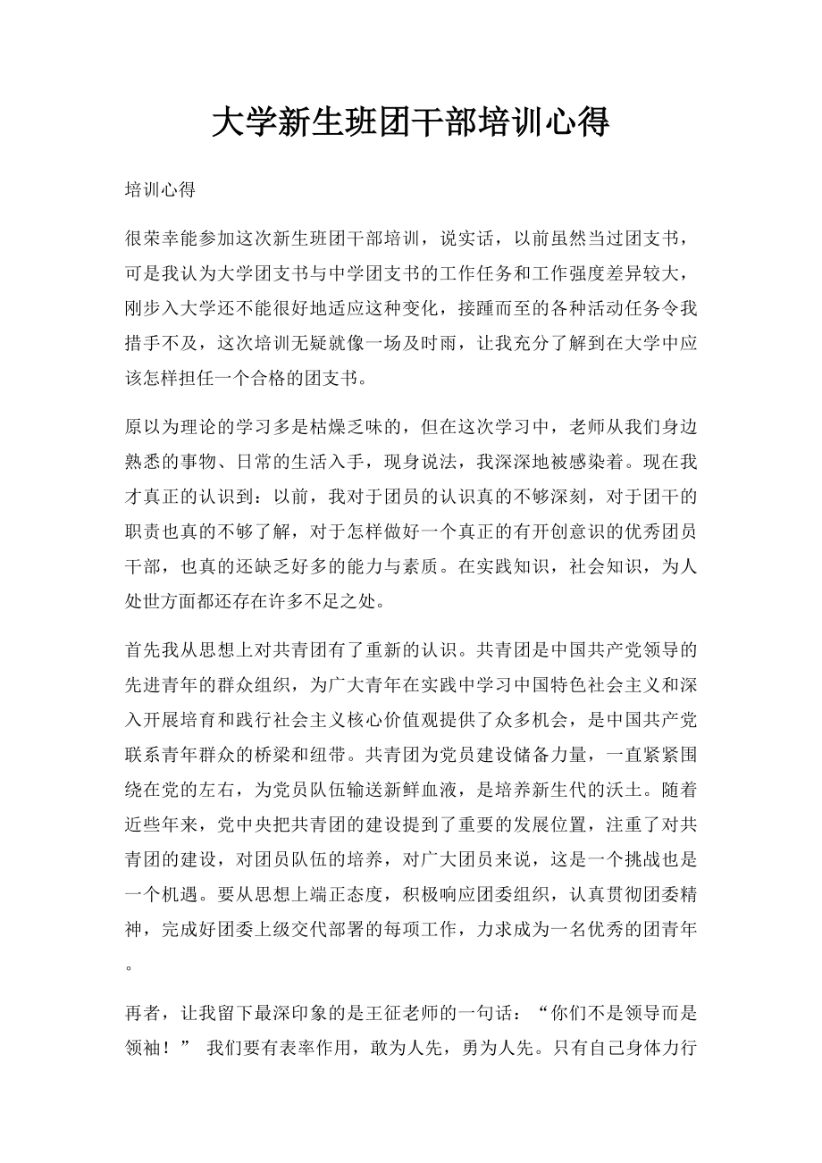 大学新生班团干部培训心得.docx_第1页