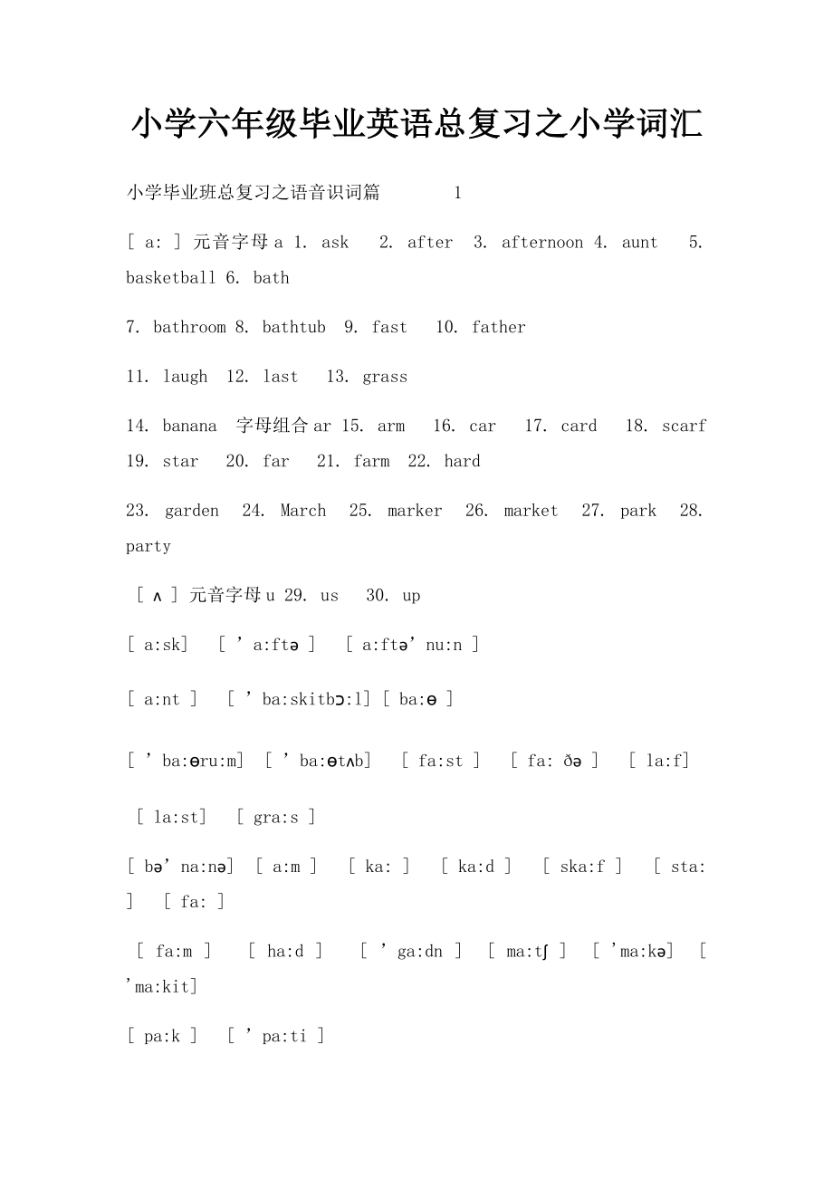 小学六年级毕业英语总复习之小学词汇.docx_第1页