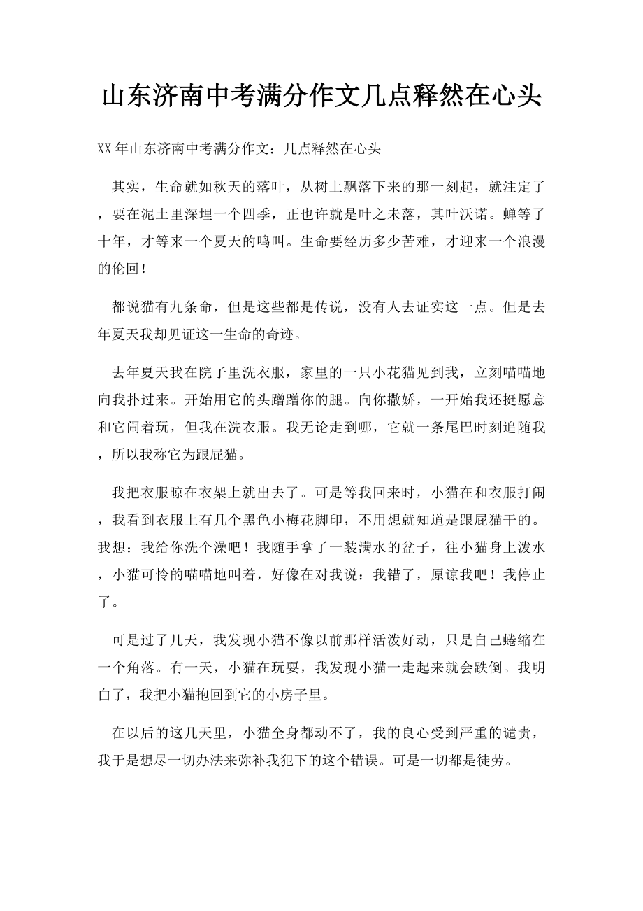 山东济南中考满分作文几点释然在心头.docx_第1页