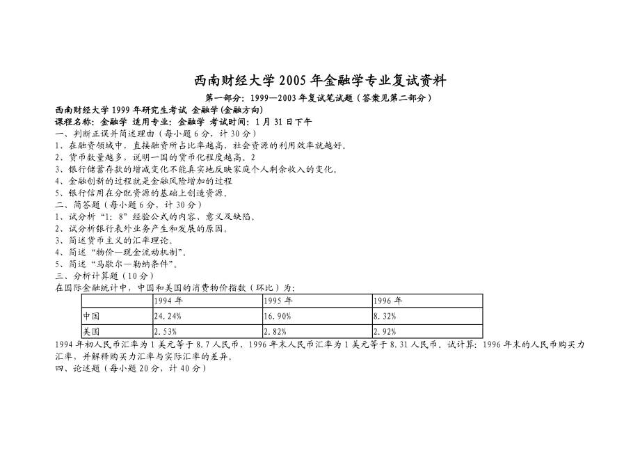 西南财经大学金融学专业复试资料.doc_第1页