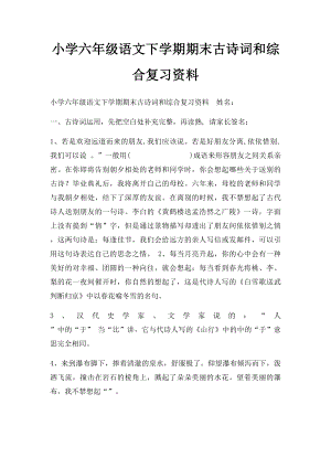 小学六年级语文下学期期末古诗词和综合复习资料.docx