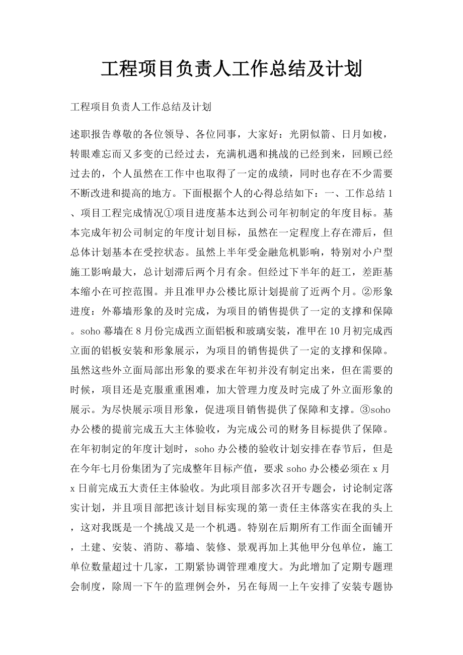 工程项目负责人工作总结及计划(1).docx_第1页