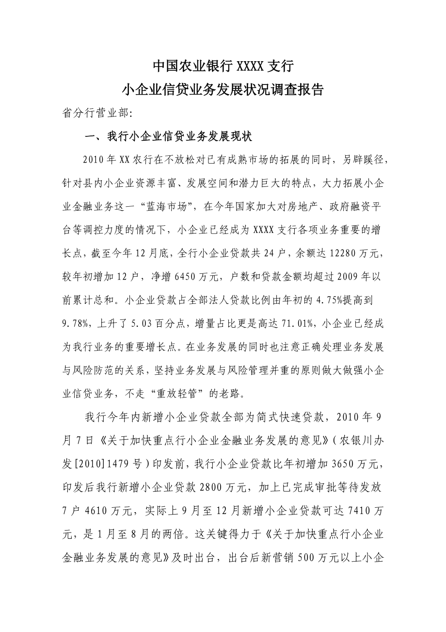 XX支行小企业信贷业务发展情况调查报告.doc_第1页