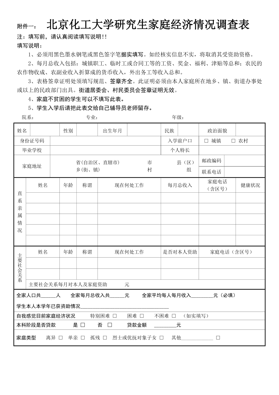 附件一： 北京化工大学研究生家庭经济情况调查表.doc_第1页