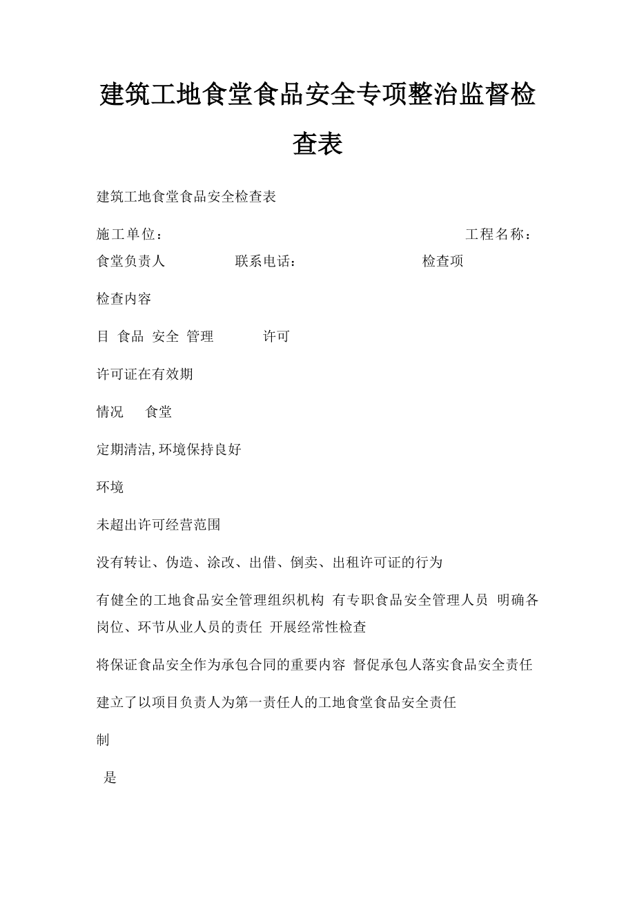 建筑工地食堂食品安全专项整治监督检查表.docx_第1页