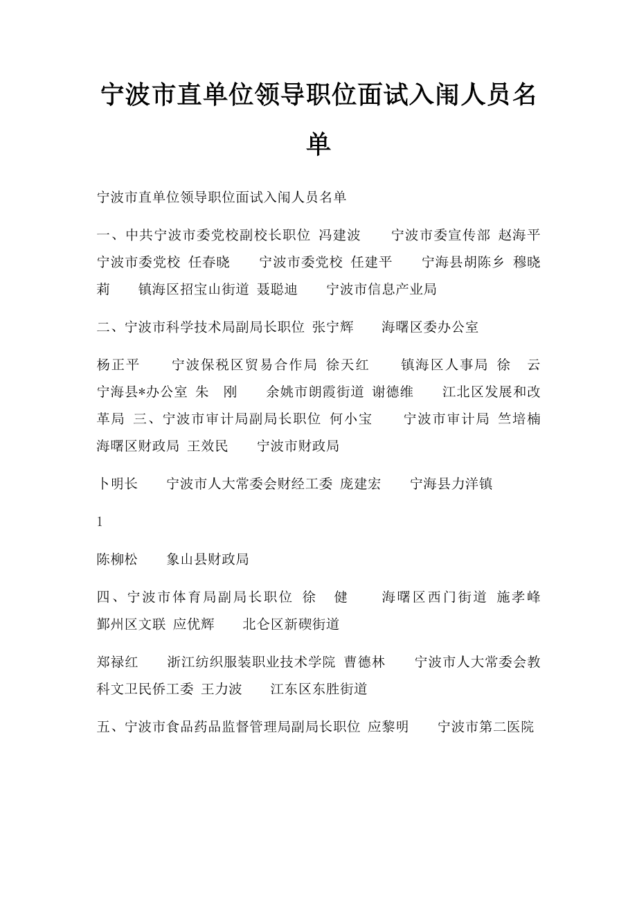 宁波市直单位领导职位面试入闱人员名单.docx_第1页