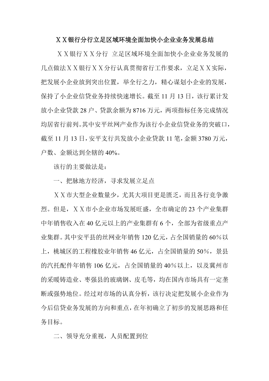 银行分行立足区域环境全面加快小企业业务发展总结.doc_第1页