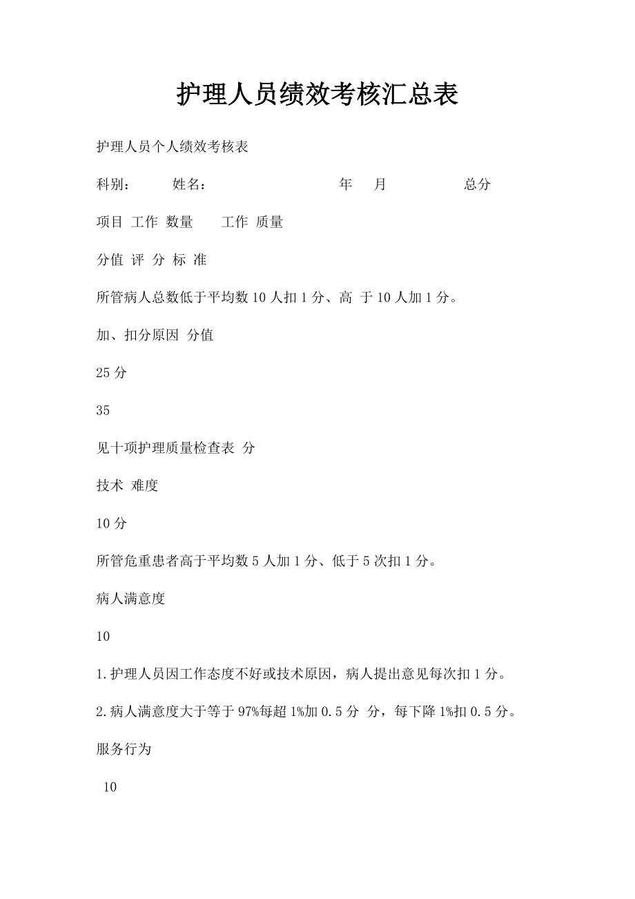 护理人员绩效考核汇总表.docx_第1页