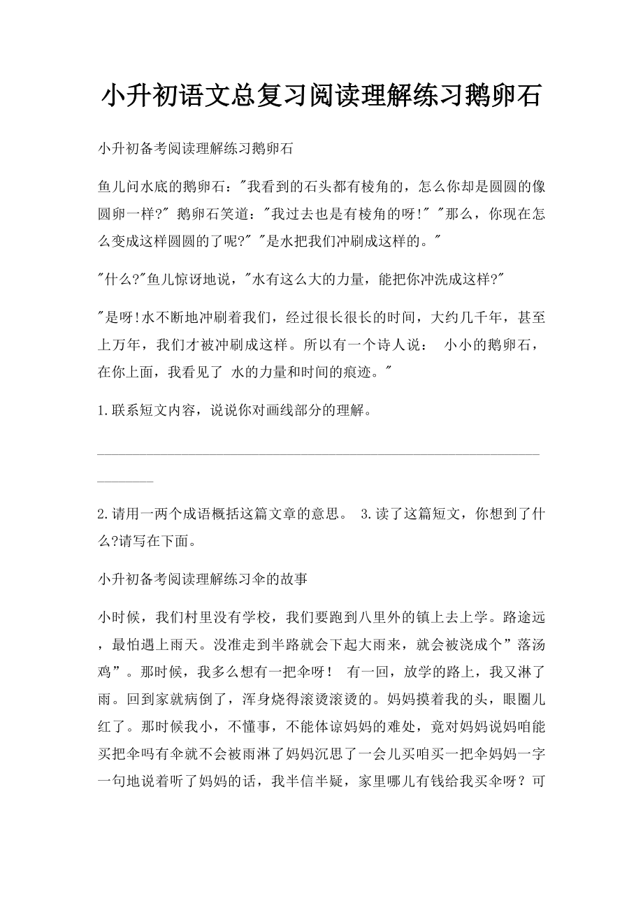 小升初语文总复习阅读理解练习鹅卵石.docx_第1页