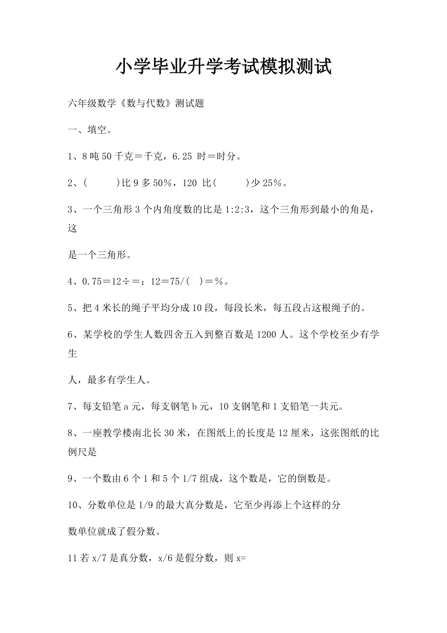 小学毕业升学考试模拟测试.docx_第1页