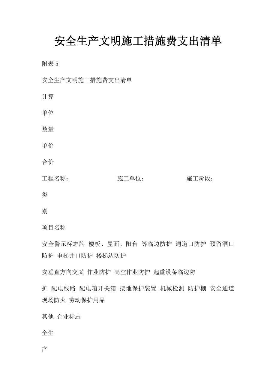 安全生产文明施工措施费支出清单.docx_第1页